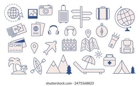 Set of travel elements. Collection of summer vacation trip at sea, beach vacation, summer vacation, journey. Active tourism icons for tour, camping providers, summer camp, trip, journey abroad.