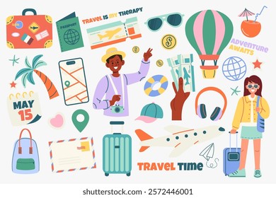 Set of travel elements hand drawn with lettering, people