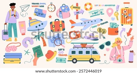 Set of travel elements hand drawn with lettering