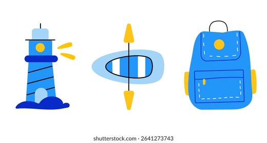 Set of travel elements with lighthouse, boat and backpack. Set of trip to the sea elements.