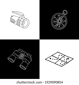 Set with travel elements on isolated squares. Vector monochrome pattern.