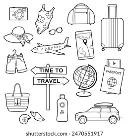 Set of  travel elements on a white background.  Set includes globe, passport, air ticket, plane, suitcase, car, clothes. Outline illustration, design elements or page of children's coloring book