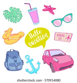 Set of travel elements in patch style. Suitcases, sunglasses, flip flops, cameras, seashells, and other journey elements. Set of vector stickers and patches in cartoon comic style.