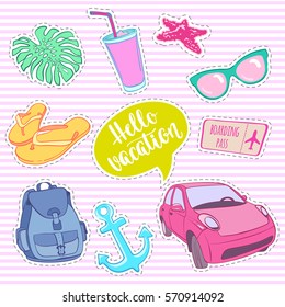Set of travel elements in patch style. Suitcases, sunglasses, flip flops, cameras, seashells, and other journey elements. Set of vector stickers and patches in cartoon comic style.