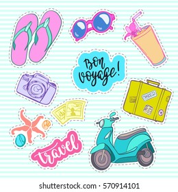 Set of travel elements in patch style. Suitcases, sunglasses, flip flops, cameras, seashells, and other journey elements. Set of vector stickers and patches in cartoon comic style.