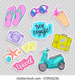 Set of travel elements in patch style. Suitcases, sunglasses, flip flops, cameras, seashells, and other journey elements. Set of vector stickers and patches in cartoon comic style.