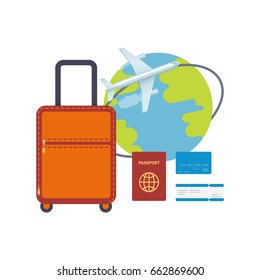 Set of travel elements suitcase, passport, ticket, money. The plane flies around the earth. Travel concept. Flat style vector illustration