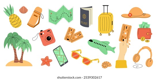 Set of travel elements. Tourism and summer vacation. Passport, airplane, ticket, suitcase, map, wallet, camera, palm tree. Flat vector illustration