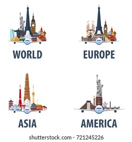 Set Of Travel Emblems. World, Europe, America, Asia. Vacation. Trip To Country. Travelling Illustration. Modern Vector Flat