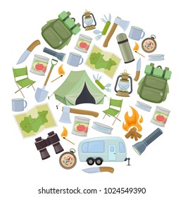 Set of travel equipment. Accessories for camping and camps. Colorful cartoon illustration of camping and tourism equipment. Vector
