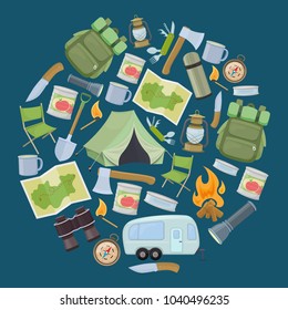 Set of travel equipment. Accessories for camping and camps. Colorful cartoon illustration of camping and tourism equipment. Vector