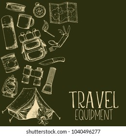 Set of travel equipment. Accessories for camping and camps. Sketch illustration of camping and tourism equipment. Vector
