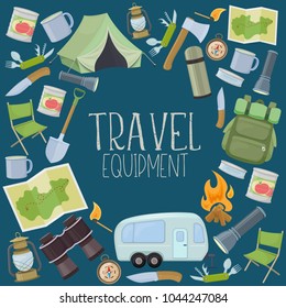 Set of travel equipment. Accessories for camping and camps. Colorful cartoon illustration of camping and tourism equipment. Vector