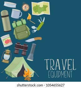 Set of travel equipment. Accessories for camping and camps. Colorful cartoon illustration of camping and tourism equipment. Vector