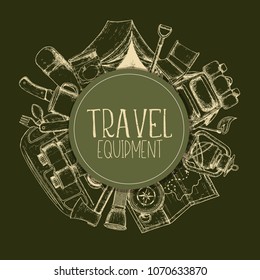Set of travel equipment. Accessories for camping and camps. Sketch illustration of camping and tourism equipment. Vector