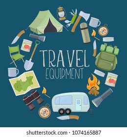 Set of travel equipment. Accessories for camping and camps. Colorful cartoon illustration of camping and tourism equipment. Vector