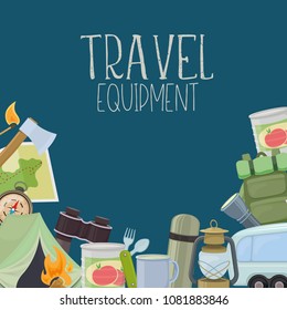 Set of travel equipment. Accessories for camping and camps. Colorful cartoon illustration of camping and tourism equipment. Vector