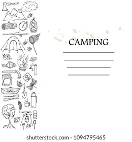 set  of travel equipment. Accessories for camping and camps.  hand drawn  illustration of camping and tourism equipment. Vector template for banner