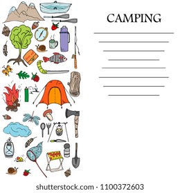 set  of travel equipment. Accessories for camping and camps.  hand drawn  illustration of camping and tourism equipment. Vector template for banner