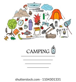 set  of travel equipment. Accessories for camping and camps.  hand drawn  illustration of camping and tourism equipment. Vector template for banner
