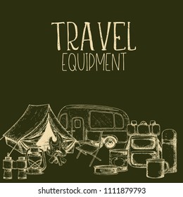 Set of travel equipment. Accessories for camping and camps. Sketch illustration of camping and tourism equipment. Vector