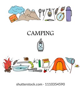 set  of travel equipment for fishing, hiking. Accessories for camping and camps.  hand drawn  illustration of camping and tourism equipment. Vector template for banner, border.