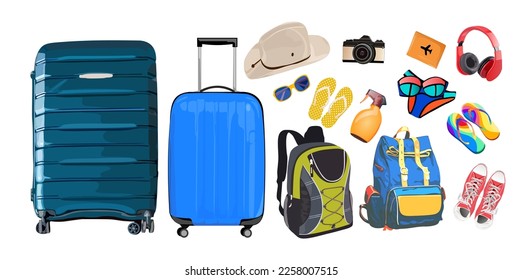 Set of travel essential objects. Airplane trip accessories. Passenger luggage, carry-on bags, passport, camera, swimsuit, hat for holiday journey, tourism and travel. Vector illustration isolated.