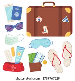 Set of travel essential objects. Passenger luggage, holiday journey, tourism and travel, planning vacation during covid social distance concept. Stock vector illustration isolated on white background.