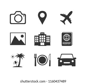 Set Travel flat icons vector. Camera, Airplane, Car, Hotel, Passport Etc.