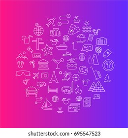 Set of travel flat thin icons inscribed in round shape. Icon set with editable stroke