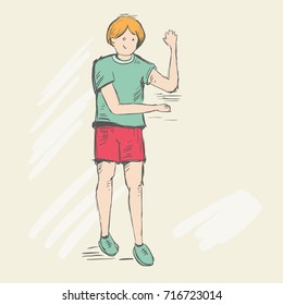 Set. Travel of a foot tourist. He is dressed of red pants and a green T-shirt. The story of the difficulties in his way. Joyful teenager greets another person