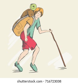 Set. Travel of a foot tourist. He is dressed of red pants and a green T-shirt. The story of the difficulties in his way. A teenager with a heavy backpack goes uphill. Man relying on a stick