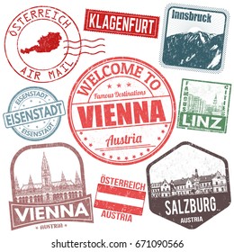 Set of travel grunge stamps with Austria on white background, vector illustration