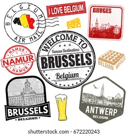 Set of travel grunge stamps with Belgium on white background, vector illustration