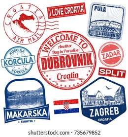 Set of travel grunge stamps with Croatia on white background, vector illustration