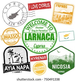 Set of travel grunge stamps with Cyprus on white background, vector illustration