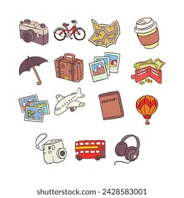 Set Travel hand drawn. Traveling icons with suitcase bag briefcase and backpack detailed items