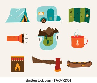 Set of travel and hiking adventure vector elements
