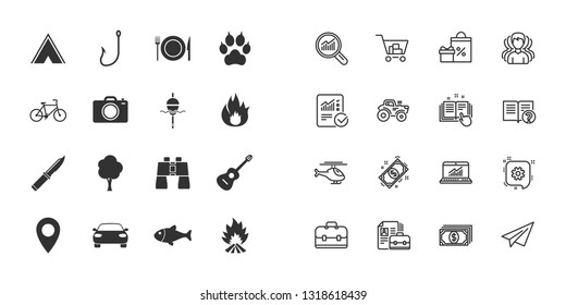 Set of Travel, Hiking and Camping icons. Fishing, Biking and Guitar music signs. Tourist tent, Food and Binoculars symbols. Photo and Rent a car. Paper plane, report and shopping cart icons. Vector