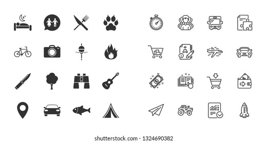 Set of Travel, Hiking and Camping icons. Fishing, Biking and WC toilet signs. Tourist tent, Food and Bed symbols. Photo and Rent a car. Paper plane, report and shopping cart icons. Group of people