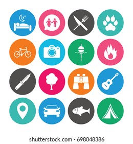 Set of Travel, Hiking and Camping icons. Fishing, Biking and WC toilet signs. Tourist tent, Food and Bed symbols. Photo and Rent a car. Colored circle buttons with flat signs. Vector