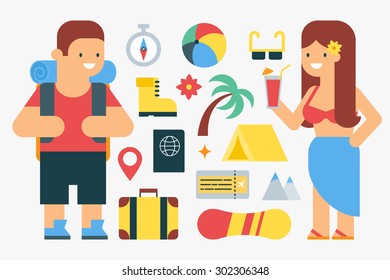 Set of travel and hiking elements for infographic, vector illustration and icons