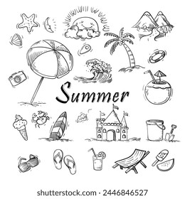 Set of travel, holiday, vacation, summer doodle element vector illustration hand drawn. Isolated on white background.