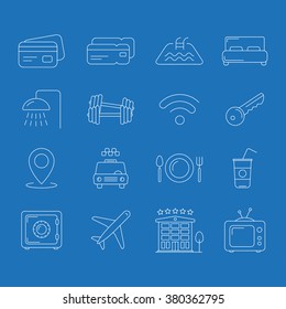 Set of travel and hotel icons, thin line style, hotel typical symbols, hotel an travel vector stock image