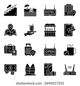 Set von Reise- und Hotel-Solid-Icons