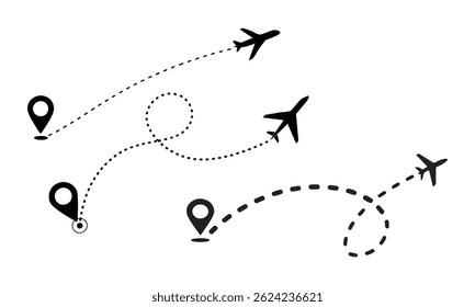 Set of Travel Icon Airplane Silhouette with Dotted Path and Location Pin in vector style with white background