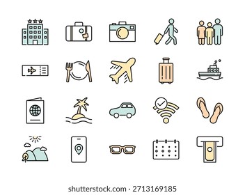 Conjunto de icono de viaje. Ilustración vectorial de color.