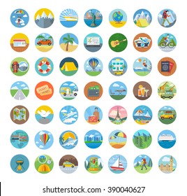 Set of travel icon flat design. Transportation icons, travel logo and map icon, icon tourism, compass and globe, vacation summer, beach and car icon, holiday vector illustration