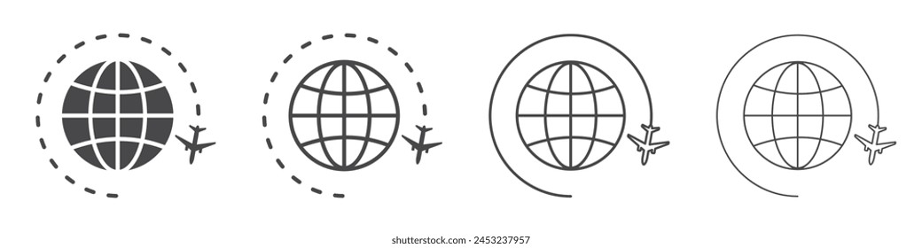 Conjunto de icono de viaje con plano y planeta. Viajes mundiales o internacionales, los aviones vuelan alrededor de la tierra. Símbolo del globo, planeta tierra. Vector. EPS10.