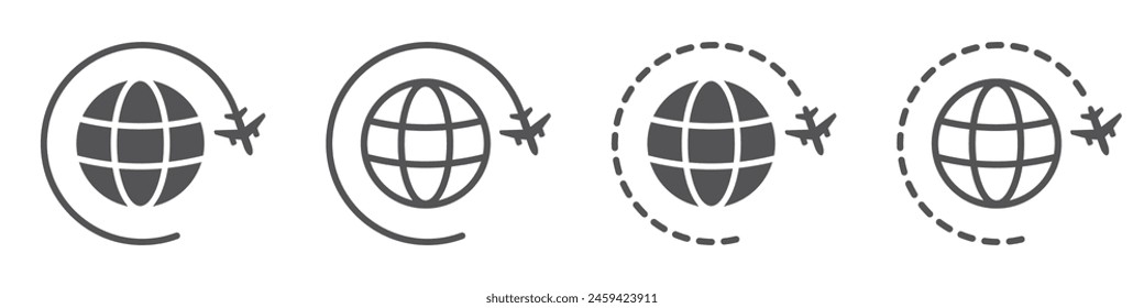 Conjunto de icono de viaje con plano y planeta. Viajes mundiales o internacionales, los aviones vuelan alrededor de la tierra. Símbolo del globo, planeta tierra. Vector. EPS10.